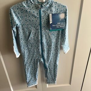 NWT Coolibar Teal and White Sun Protection Bodysuit, 6-12M